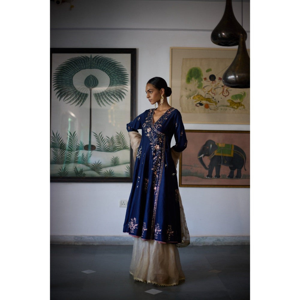 Vashisht Guru Dutt Navy Blue Nilambar Angarkha with Sharara and Dupatta (Set of 3)