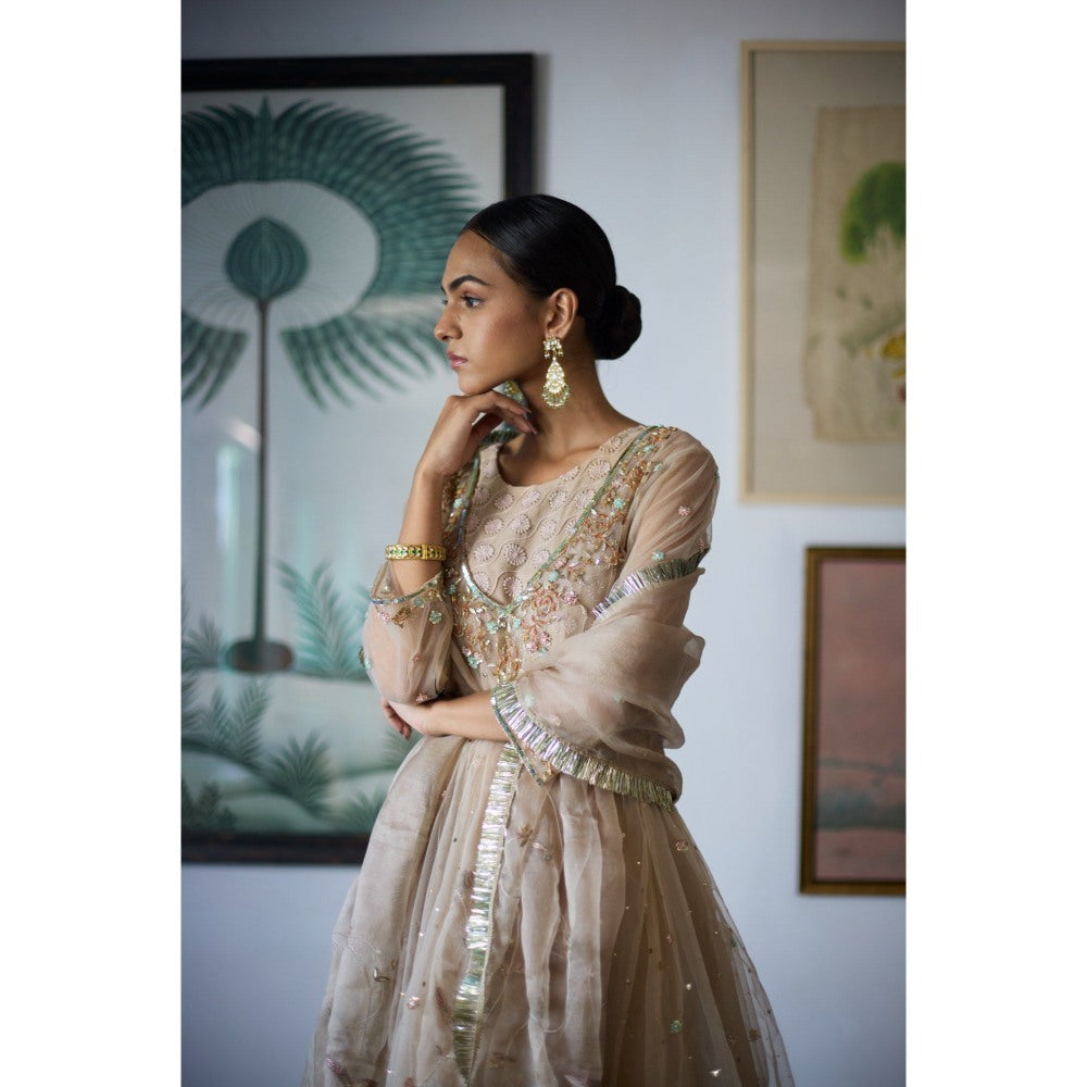 Vashisht Guru Dutt Beige Aaina Short Anarkali with Sharara and Dupatta (Set of 3)