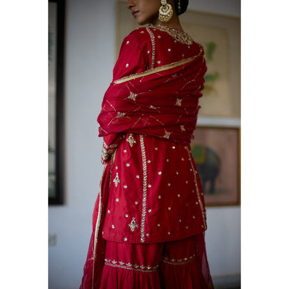 Vashisht Guru Dutt Red Gulab Kurta with Sharara and Dupatta (Set of 3)