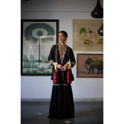 Vashisht Guru Dutt Black Sitara Kurta with Sharara and Dupatta (Set of 3)