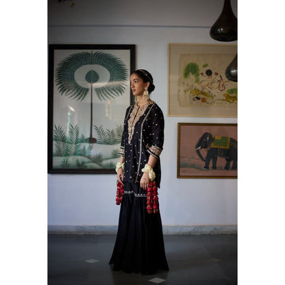 Vashisht Guru Dutt Black Sitara Kurta with Sharara and Dupatta (Set of 3)