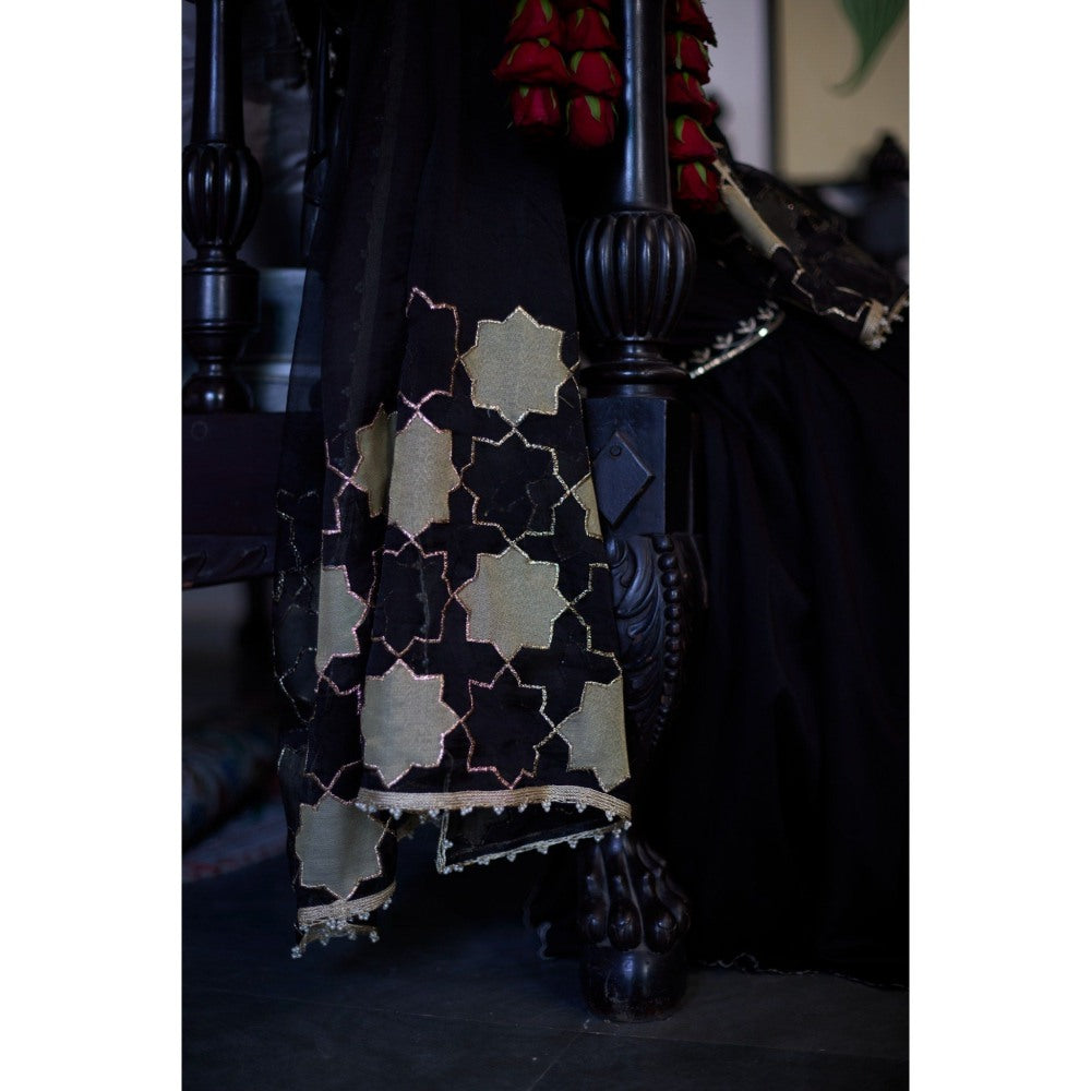 Vashisht Guru Dutt Black Sitara Kurta with Sharara and Dupatta (Set of 3)