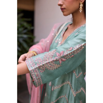 Vashisht Guru Dutt Green Chand Kurta with Salwar and Dupatta (Set of 3)