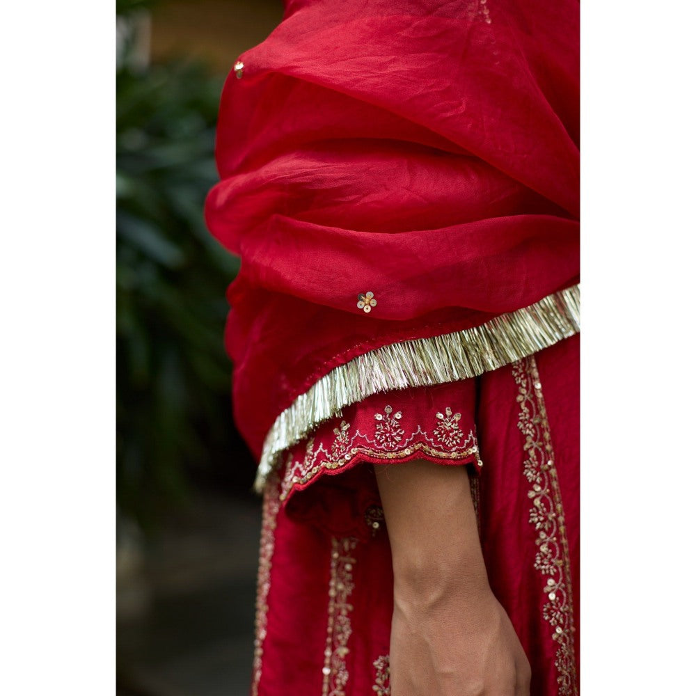 Vashisht Guru Dutt Red Sukh Kurta with Salwar and Dupatta (Set of 3)