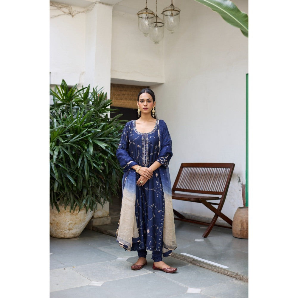 Vashisht Guru Dutt Navy Blue Rajni Kurta with Churidar and Dupatta (Set of 3)