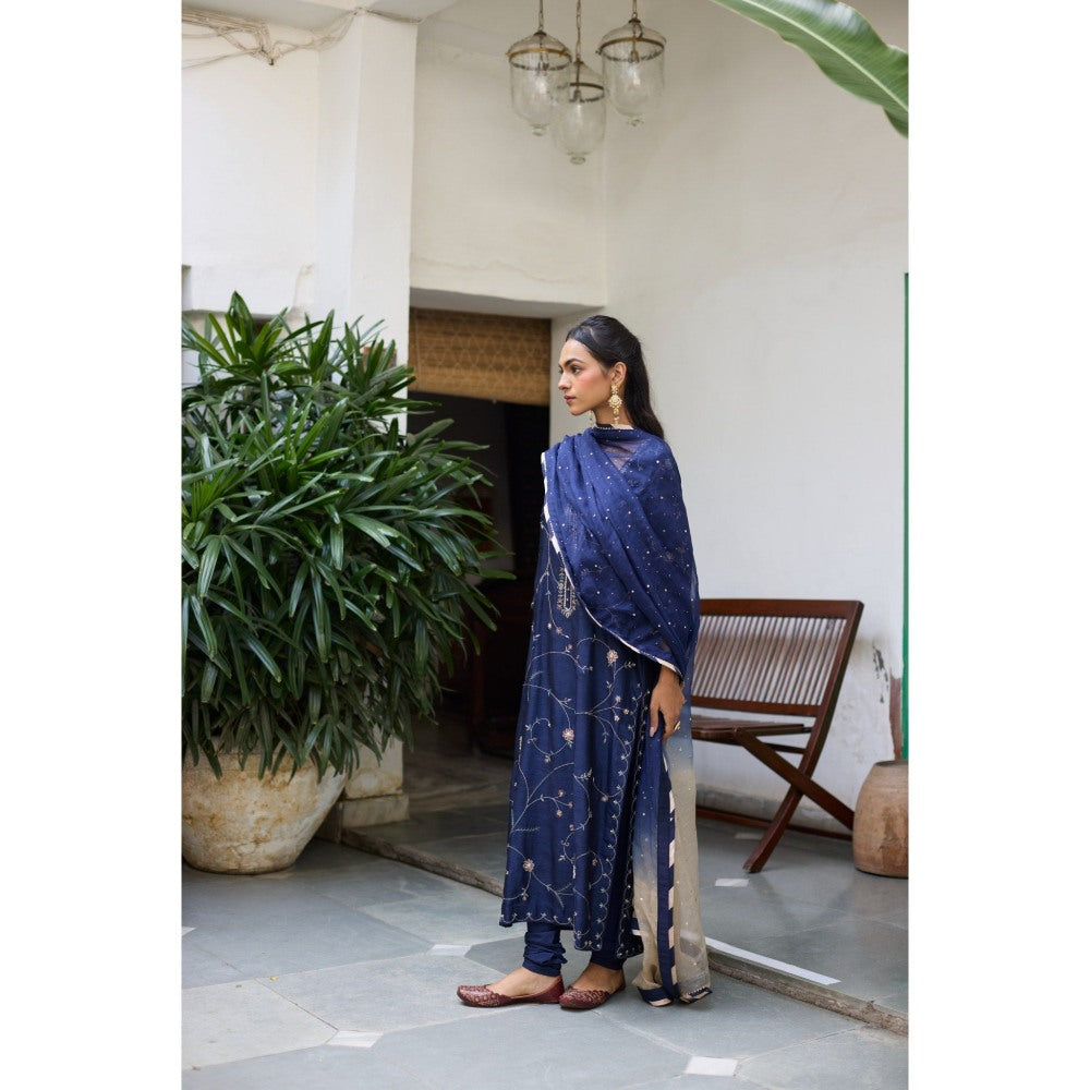 Vashisht Guru Dutt Navy Blue Rajni Kurta with Churidar and Dupatta (Set of 3)