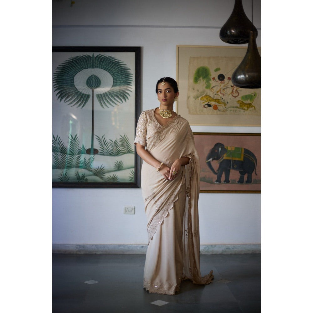 Vashisht Guru Dutt Beige Mugdha Saree with Stitched Blouse