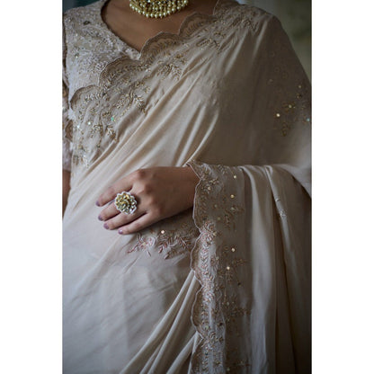 Vashisht Guru Dutt Beige Mugdha Saree with Stitched Blouse