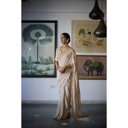 Vashisht Guru Dutt Beige Mugdha Saree with Stitched Blouse