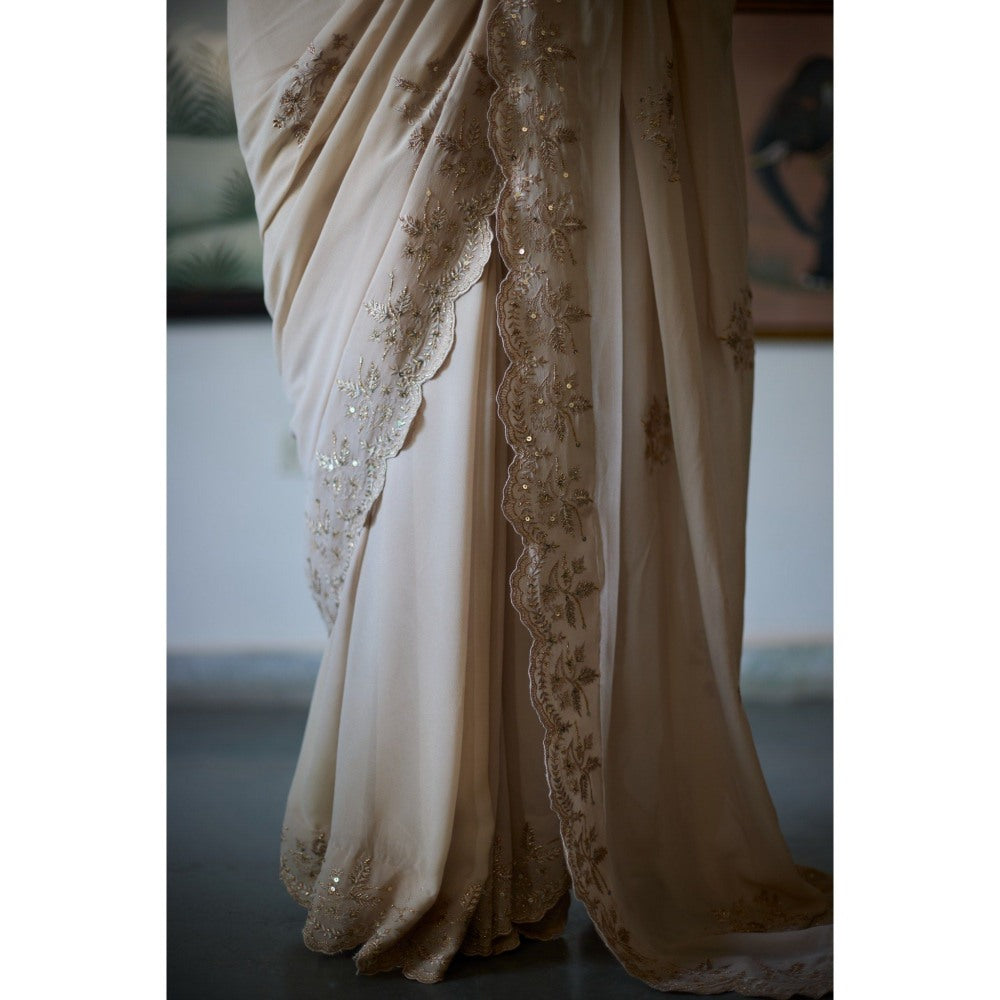 Vashisht Guru Dutt Beige Mugdha Saree with Stitched Blouse