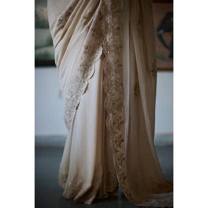 Vashisht Guru Dutt Beige Mugdha Saree with Stitched Blouse