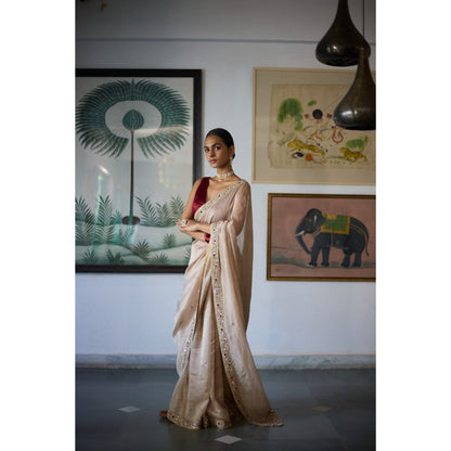 Vashisht Guru Dutt Beige Sunheri Saree with Stitched Blouse