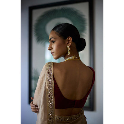 Vashisht Guru Dutt Beige Sunheri Saree with Stitched Blouse