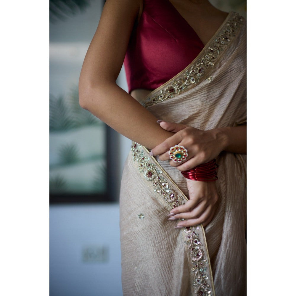 Vashisht Guru Dutt Beige Sunheri Saree with Stitched Blouse