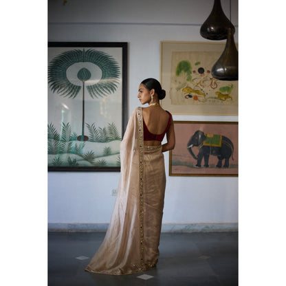 Vashisht Guru Dutt Beige Sunheri Saree with Stitched Blouse