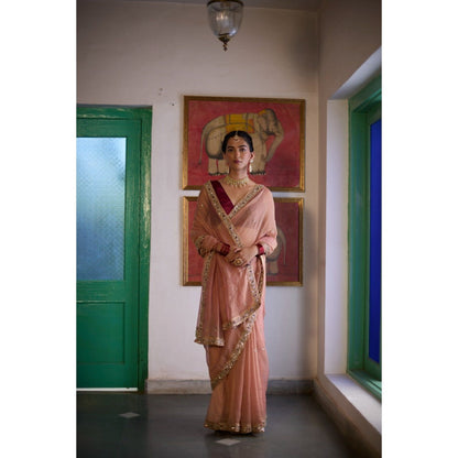 Vashisht Guru Dutt Peach Sunheri Saree with Stitched Blouse