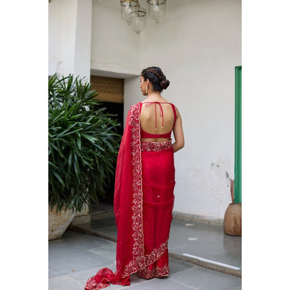 Vashisht Guru Dutt Red Taramandal Saree with Stitched Blouse