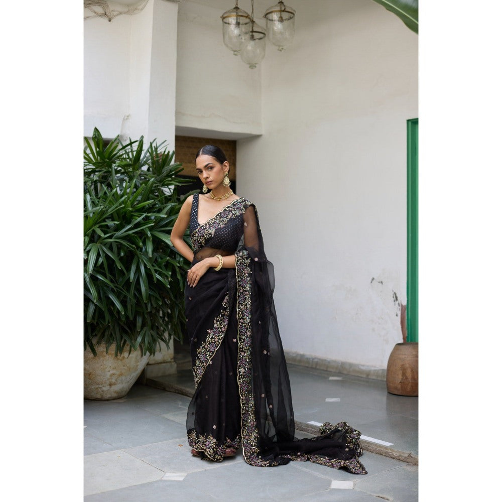 Vashisht Guru Dutt Black Taramandal Saree with Stitched Blouse
