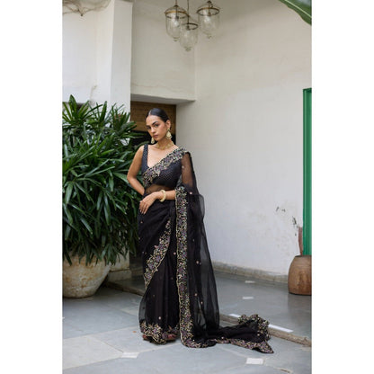 Vashisht Guru Dutt Black Taramandal Saree with Stitched Blouse