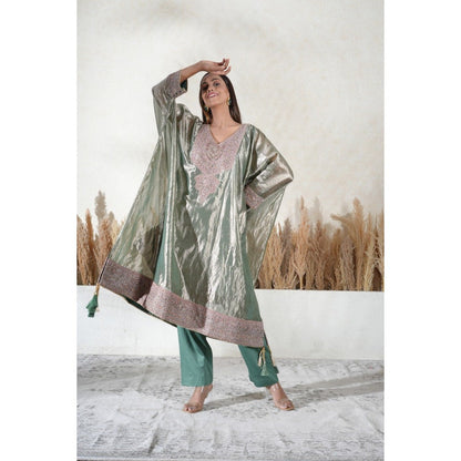 Vedika Soni Metallic Green Embroidered Kaftan With Slip And Pant