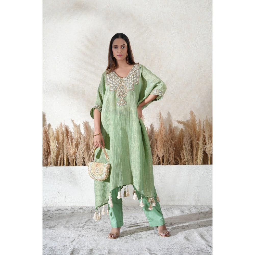 Vedika Soni Pastel Green Embroidered Kaftan With Slip And Pant