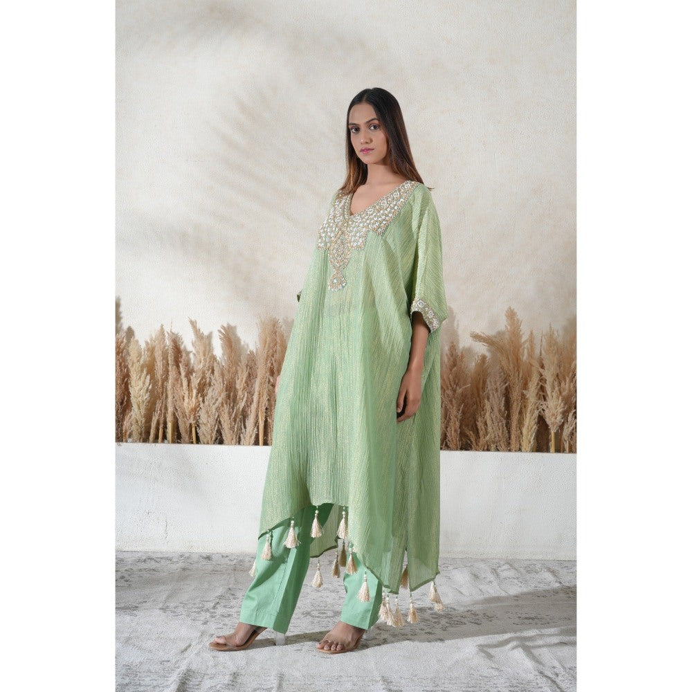 Vedika Soni Pastel Green Embroidered Kaftan With Slip And Pant