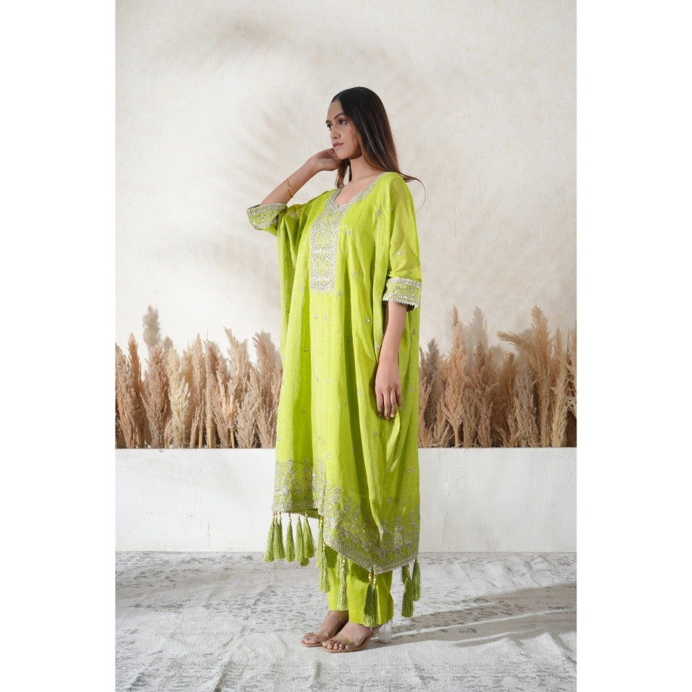 Vedika Soni Neon Lime Green Embroidered Kaftan With Slip And Pant