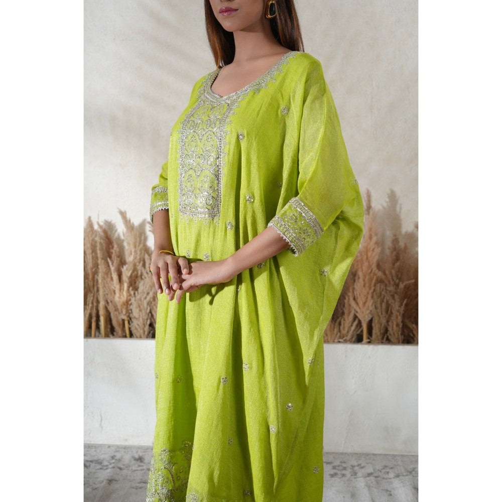 Vedika Soni Neon Lime Green Embroidered Kaftan With Slip And Pant