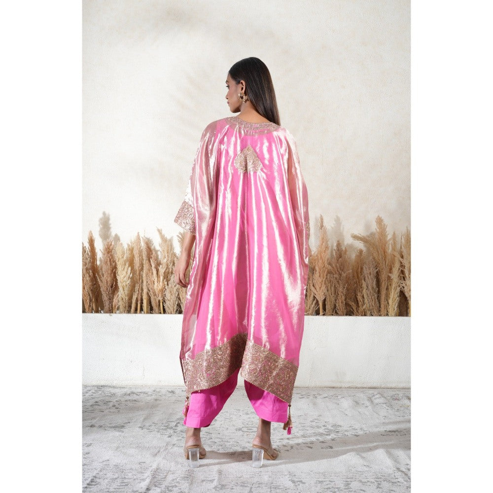 Vedika Soni Metallic Pink Embroidered Kaftan With Slip And Pant