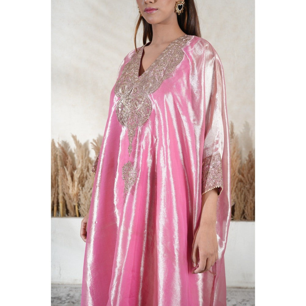 Vedika Soni Metallic Pink Embroidered Kaftan With Slip And Pant