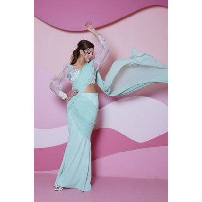 Vedika Soni Pink Green Pre-Stitched Saree with Stitched Blouse And Petticoat