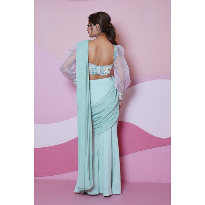 Vedika Soni Pink Green Pre-Stitched Saree with Stitched Blouse And Petticoat