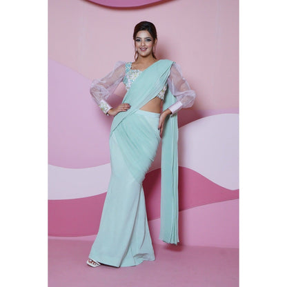 Vedika Soni Pink Green Pre-Stitched Saree with Stitched Blouse And Petticoat