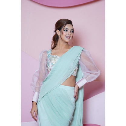 Vedika Soni Pink Green Pre-Stitched Saree with Stitched Blouse And Petticoat