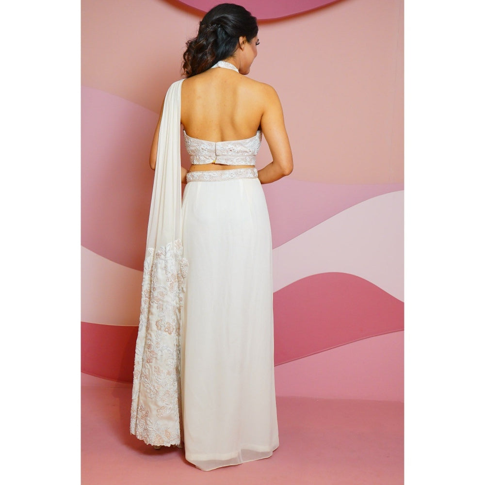 Vedika Soni Ivory Pre-Stitched Saree with Stitched Blouse And Petticoat