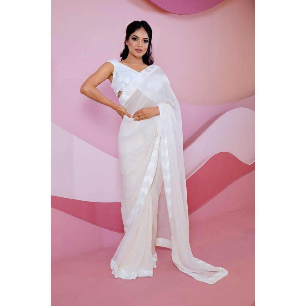 Vedika Soni Ivory Hand Embroidered Pre-Stitched Saree with Stitched Blouse And Petticoat