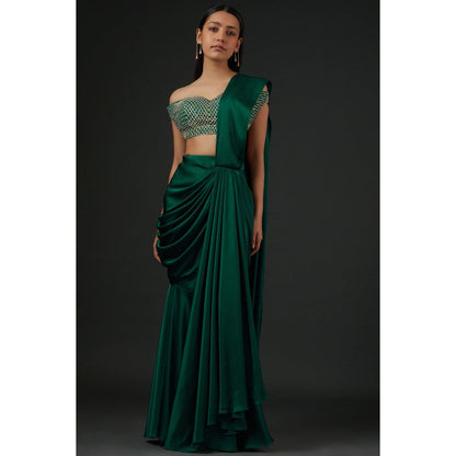 Vedika Soni Emerald Green Satin Draped Saree with Stitched Blouse And Petticoat
