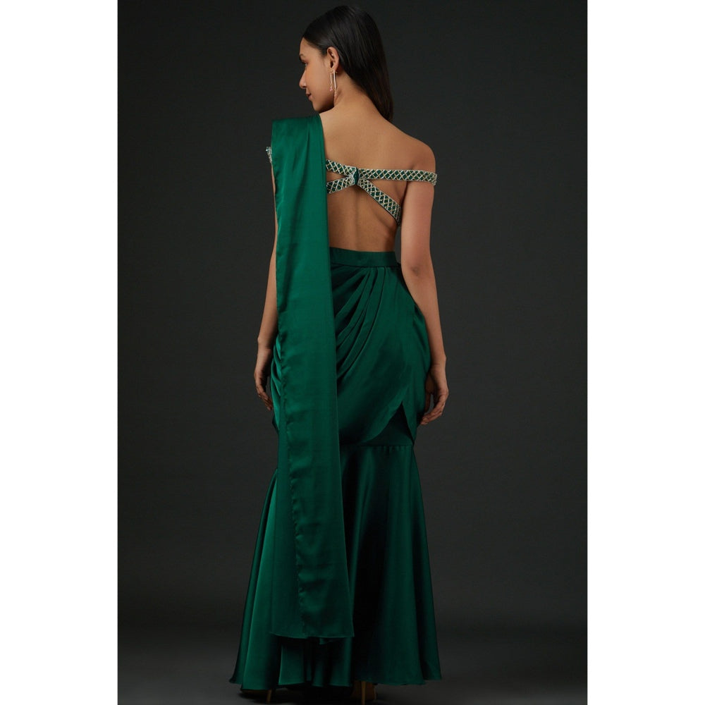Vedika Soni Emerald Green Satin Draped Saree with Stitched Blouse And Petticoat