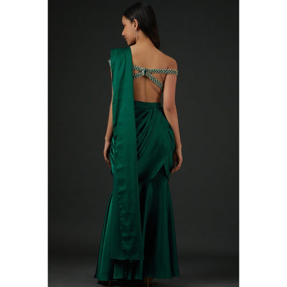 Vedika Soni Emerald Green Satin Draped Saree with Stitched Blouse And Petticoat