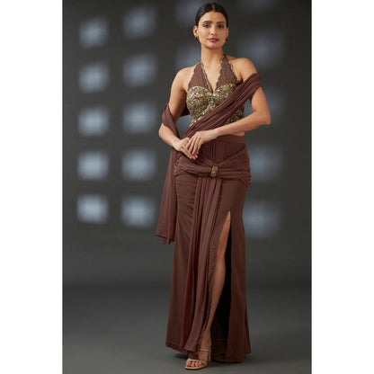 Vedika Soni Brown Georgette Pre-Stitched Saree with Stitched Blouse And Petticoat