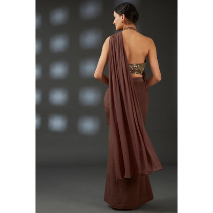 Vedika Soni Brown Georgette Pre-Stitched Saree with Stitched Blouse And Petticoat