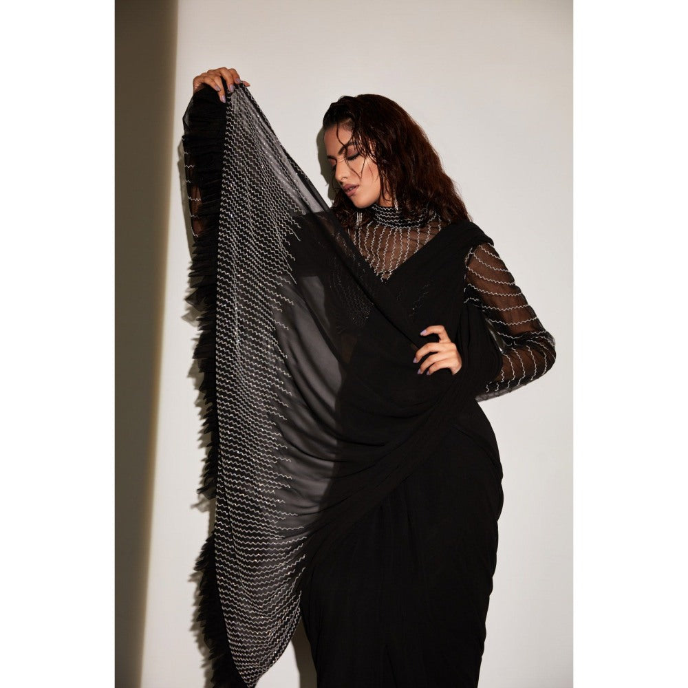 Vedika Soni Black Pre-Stitched Embroidered Saree with Stitched Blouse And Petticoat