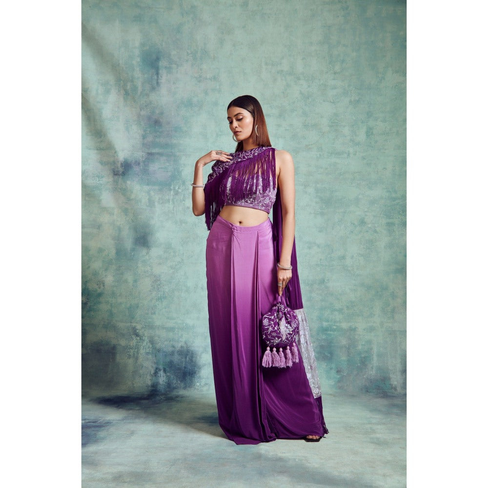 Vedika Soni Purple Crepe Draped Saree with Stitched Blouse, Petticoat And Cape