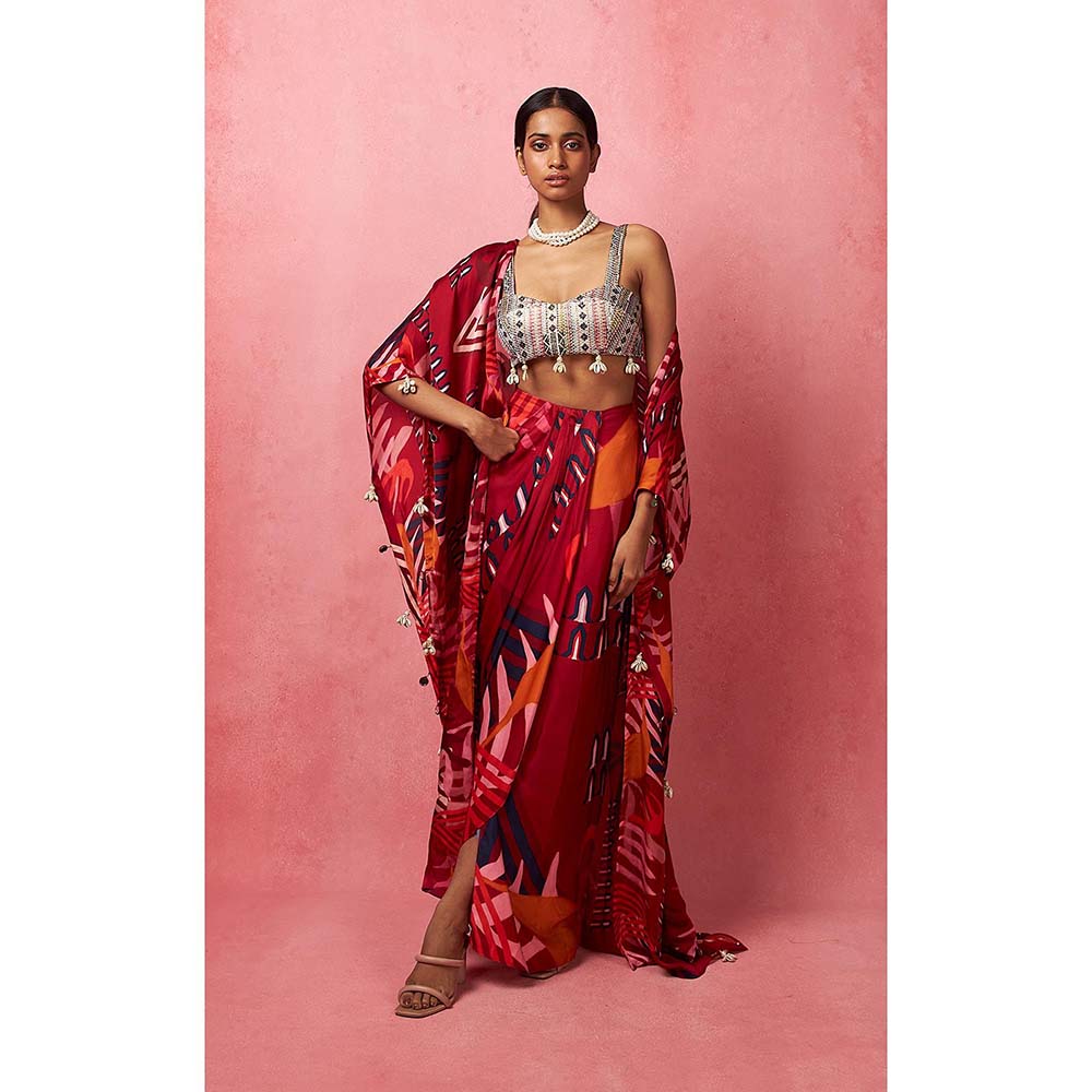 Vedika M Multi-Color Draped Skirt with Bustier and Jacket (Set of 3)