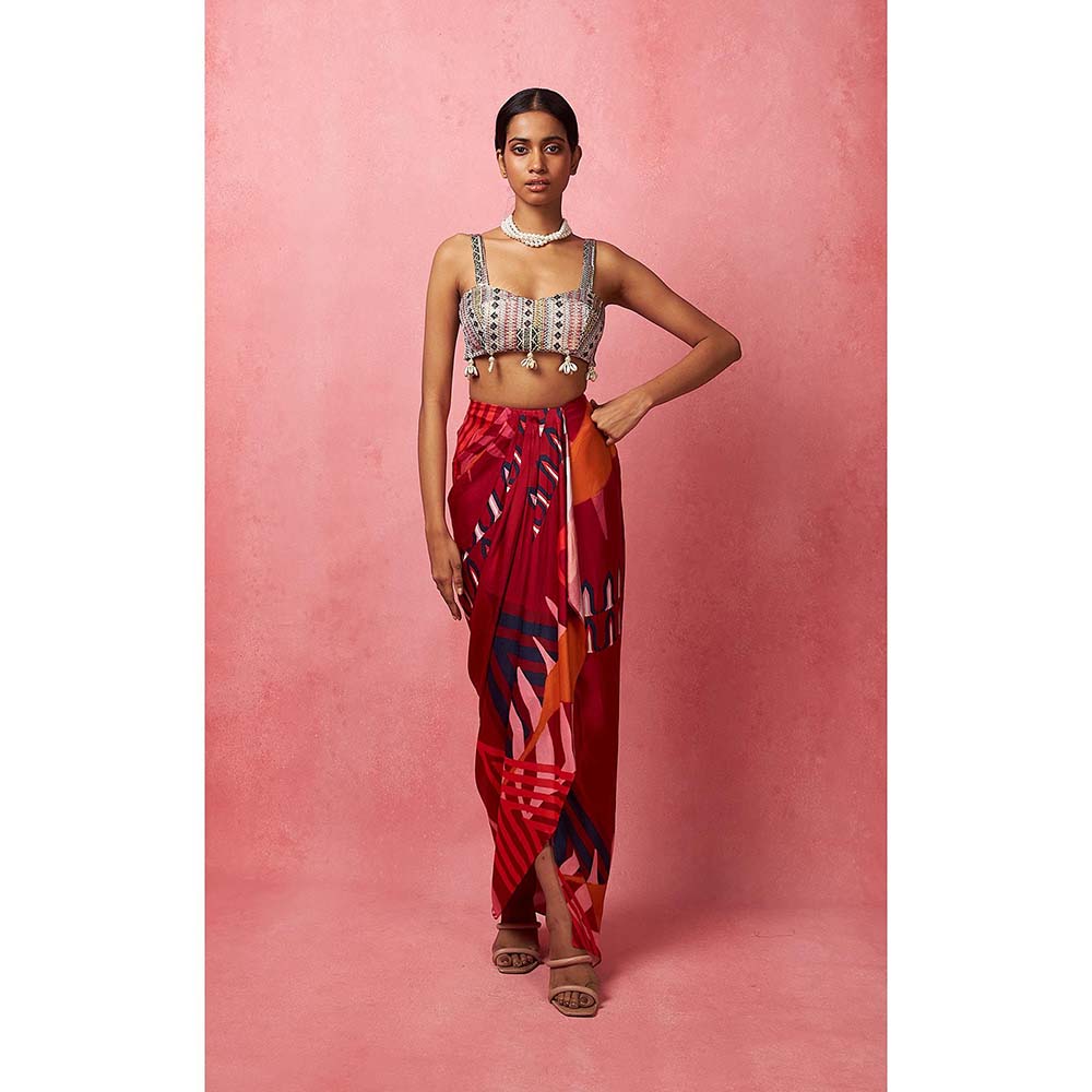 Vedika M Multi-Color Draped Skirt with Bustier and Jacket (Set of 3)
