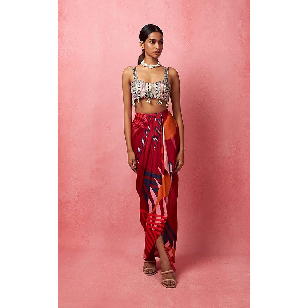 Vedika M Multi-Color Draped Skirt with Bustier and Jacket (Set of 3)