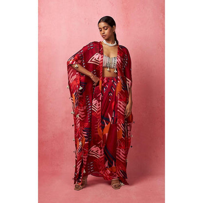 Vedika M Multi-Color Draped Skirt with Bustier and Jacket (Set of 3)