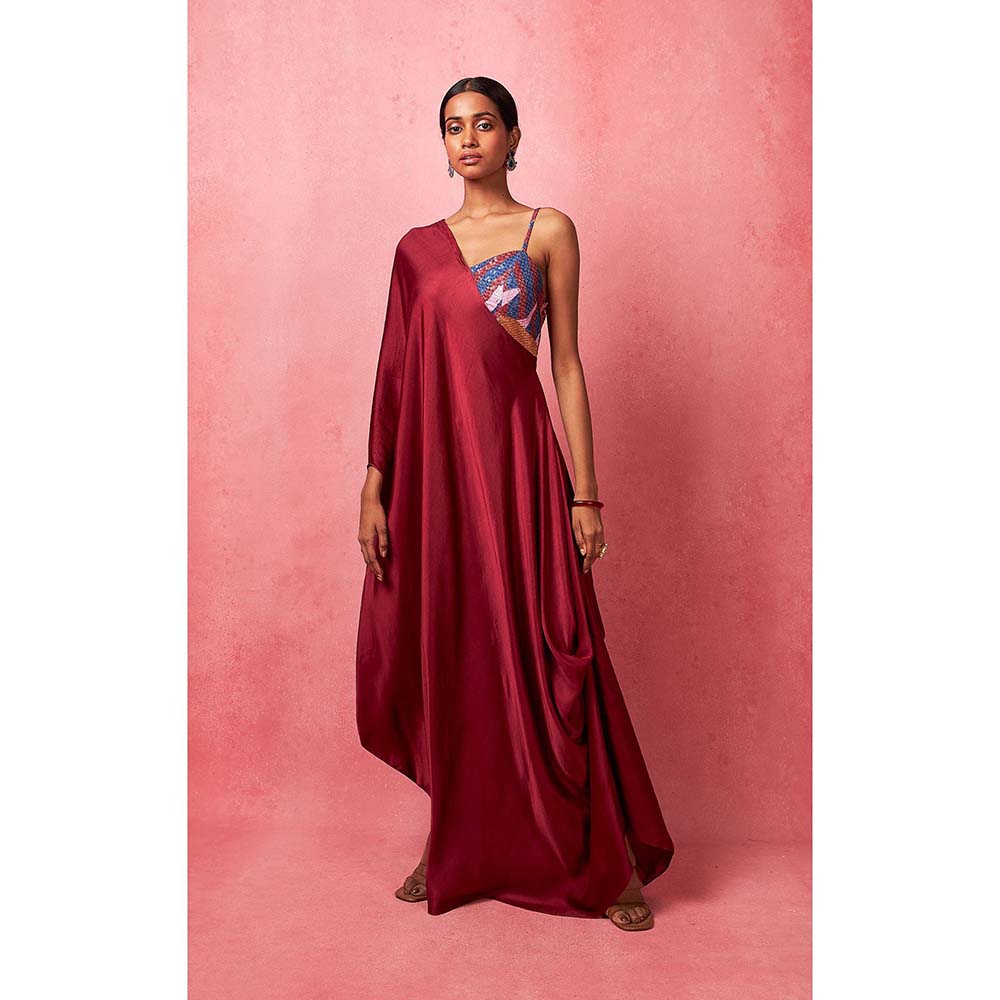 Vedika M Red Solid Dyed Draped Maxi Dress