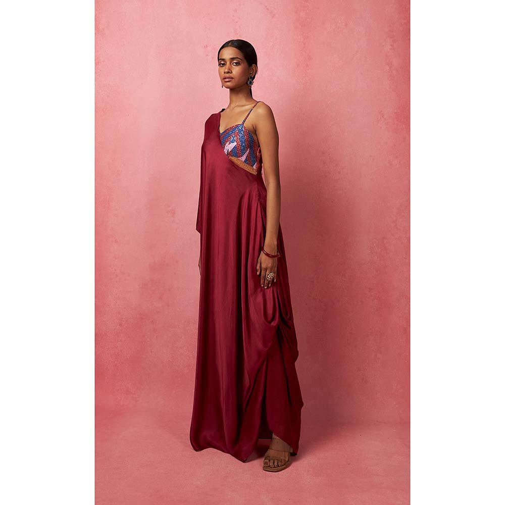 Vedika M Red Solid Dyed Draped Maxi Dress