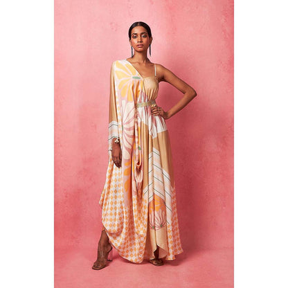 Vedika M Multi-Color One Shoulder Drape Maxi Dress (Set of 2)
